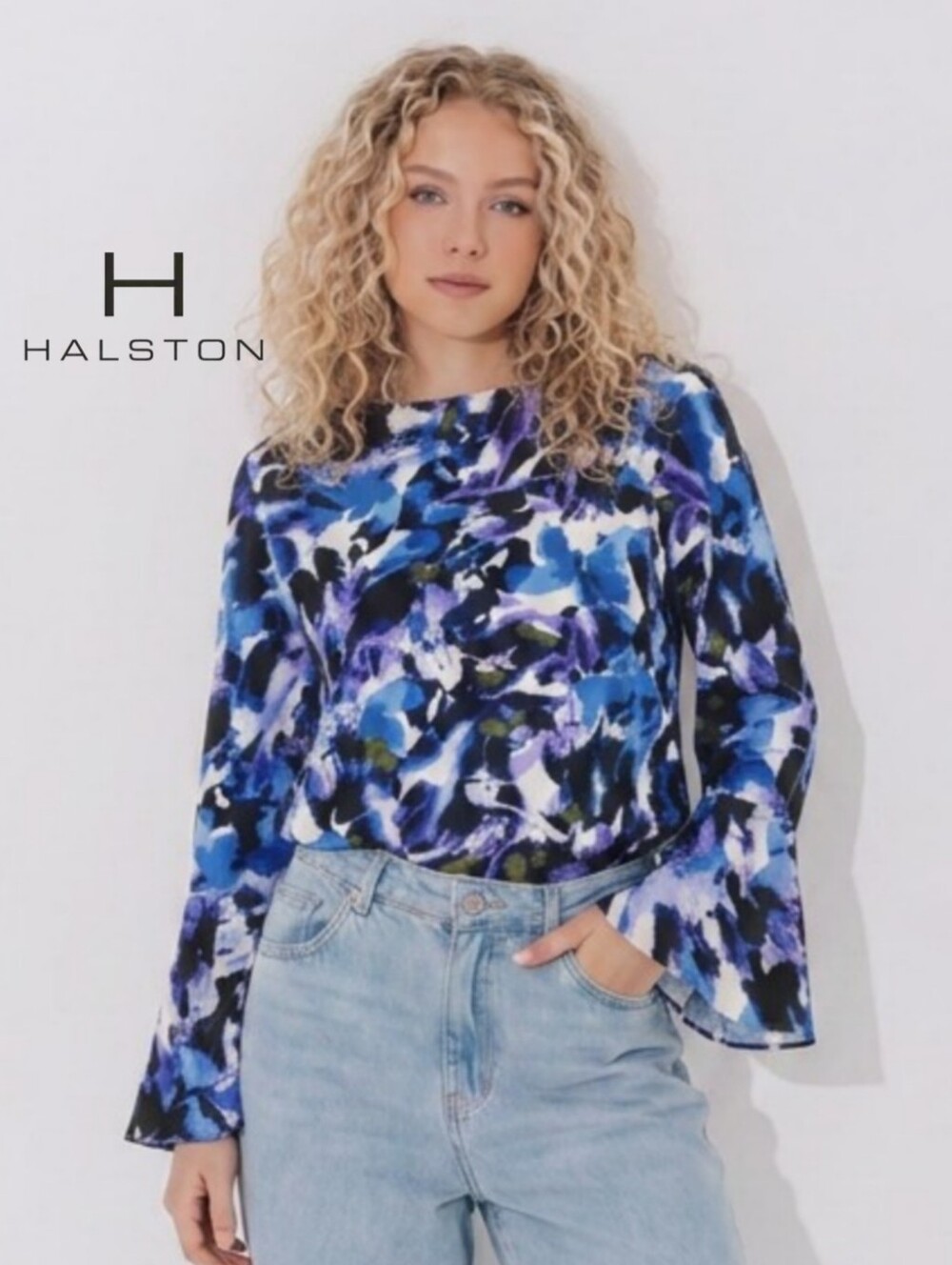 Halston Abstract Floral Blue with Bell Sleeves